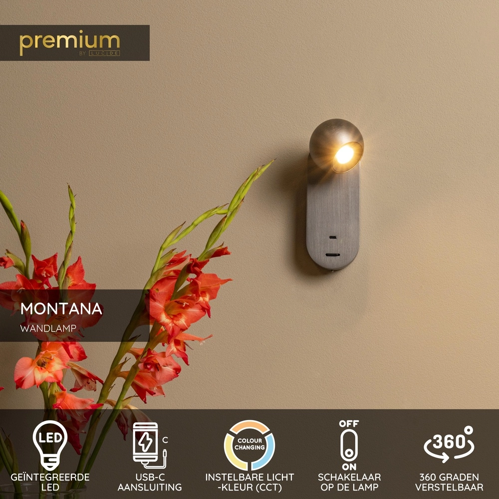 Wandlamp bol Montana design grijs Premium by Lucide 5411212680129