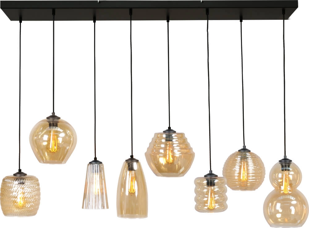 8-lichts hanglamp Quinto 8 zwart met amber glas