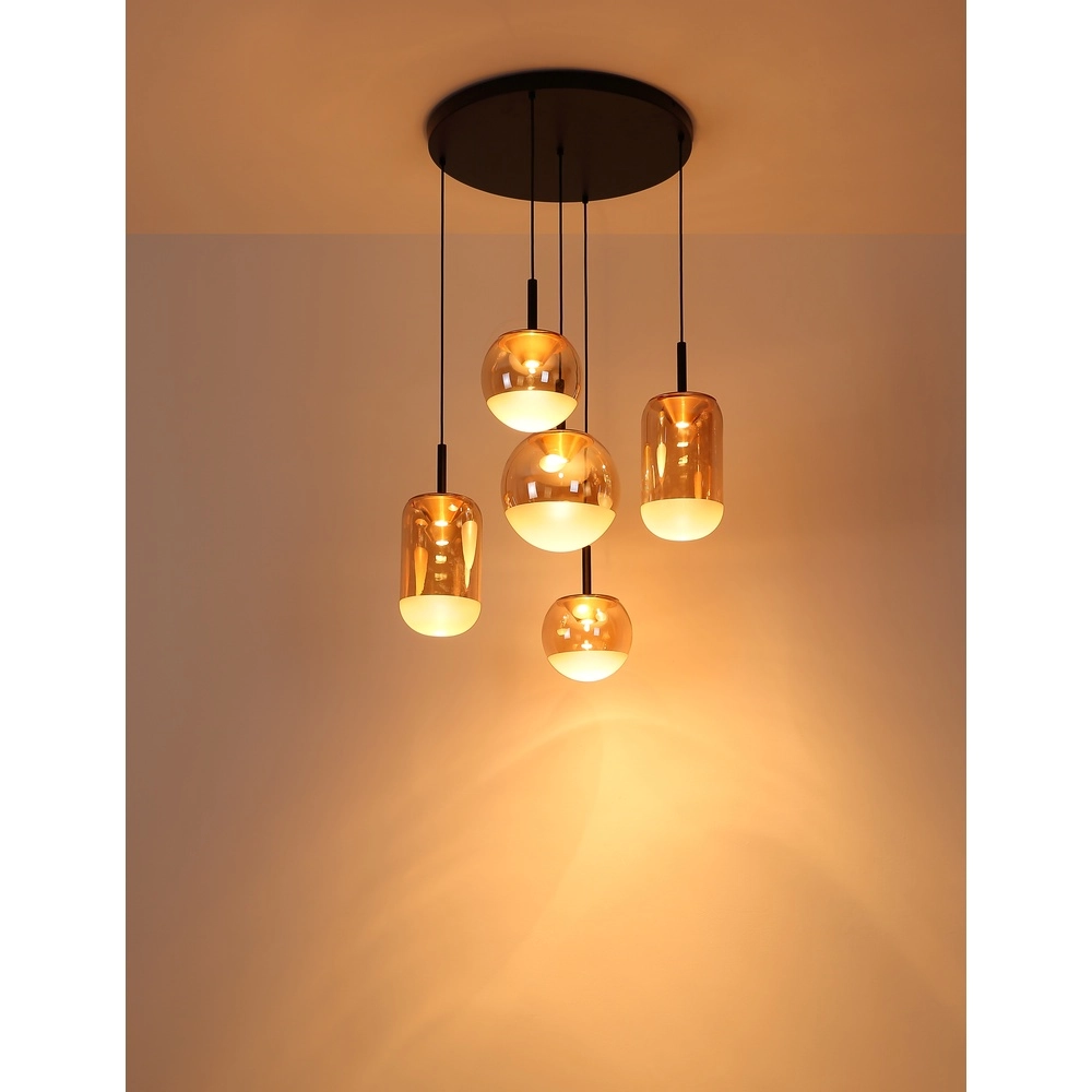 Design hanglamp Severin 5-lichts zwart met amber glas Globo 9007371537945