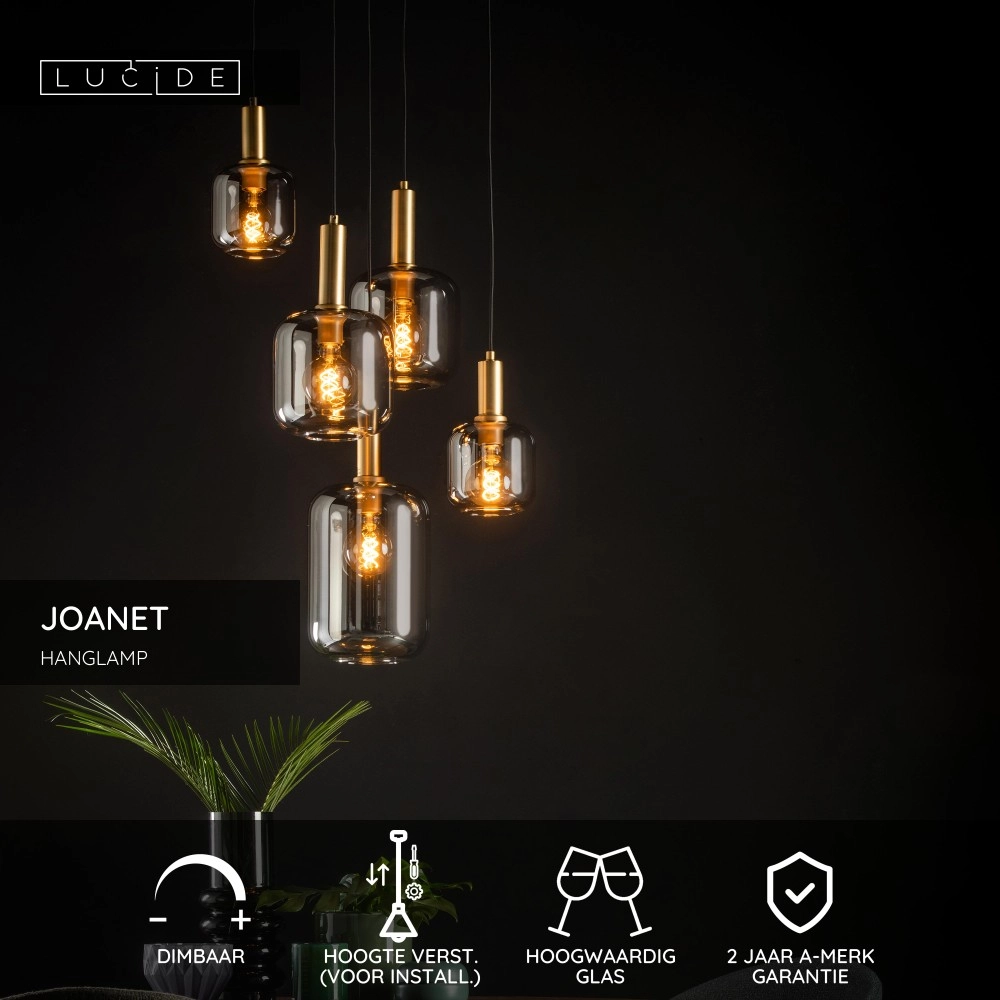 5-lichts hanglamp Joanet Ø 66cm goud met smoke glas Lucide 5411212451439