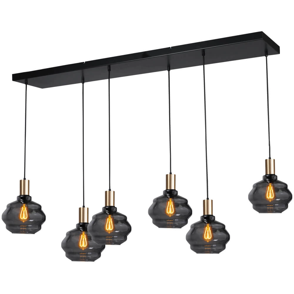 6-lichts hanglamp - goud - Porto met Ball smoke glazen 6-lichts hanglamp - goud - Porto met Ball smoke glazen
