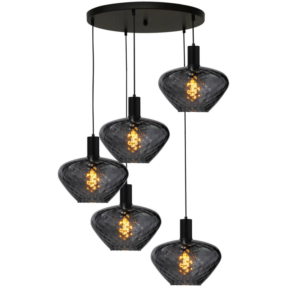5-lichts vide hanglamp - zwart - Porto met Blossom smoke glazen 5-lichts vide hanglamp - zwart - Porto met Blossom smoke glazen