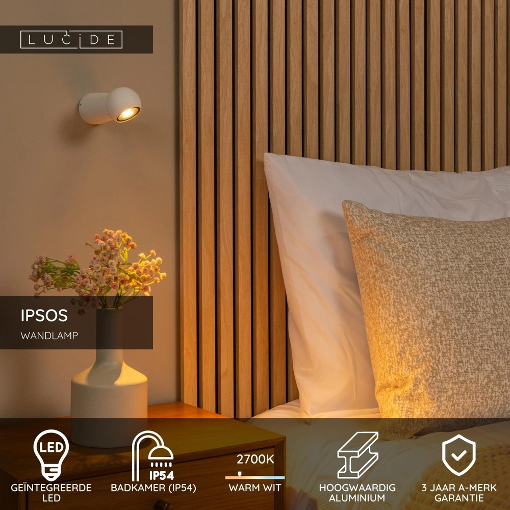 Badkamer wandlamp Ipsos wit IP54 Lucide 5411212334015
