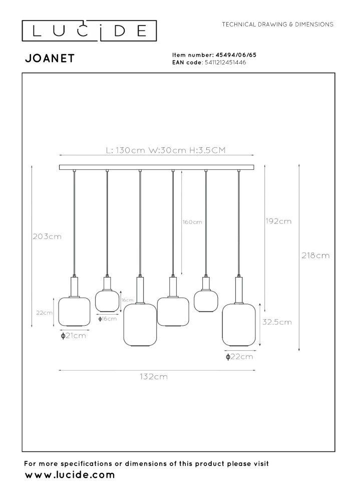 6-lichts hanglamp Joanet recht goud met smoke glas Lucide 5411212451446