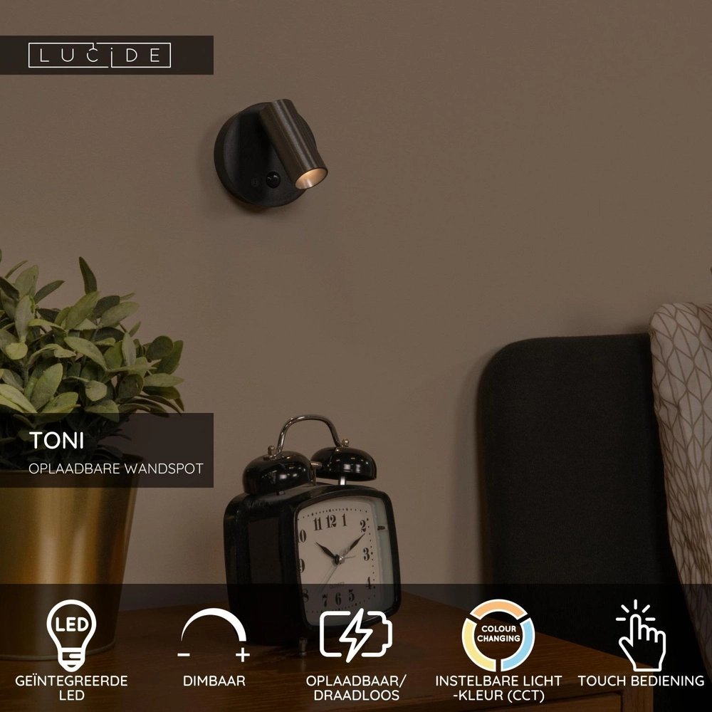 Oplaadbare wandlamp met sensor Toni magnetisch koffie bruin Lucide 5411212290588