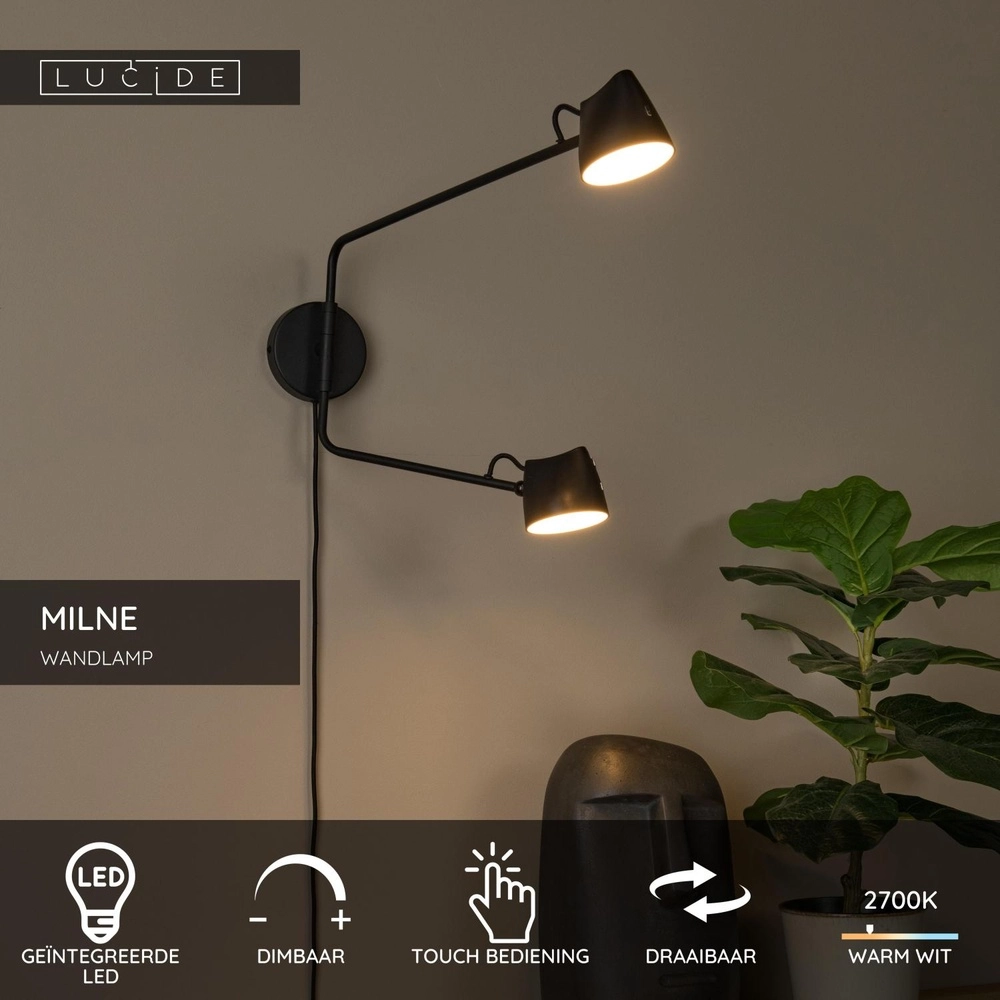 Wandlamp Milne zwart dubbel Lucide 5411212421104