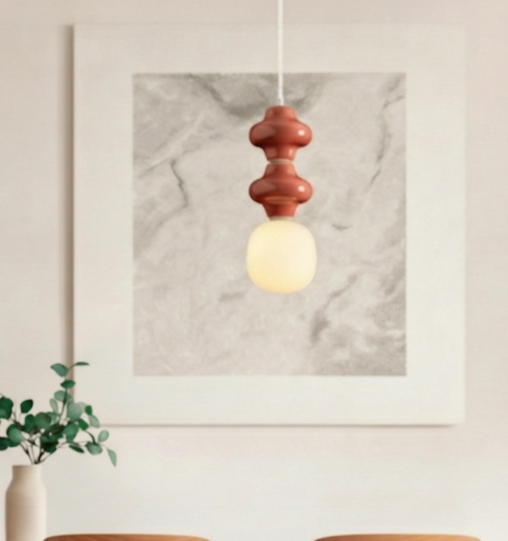 Hanglamp Clio M rood keramiek met wit glas