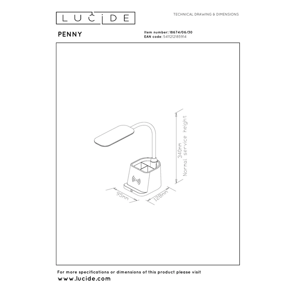 Bureaulamp Penny met draadloos oplaadpaneel zwart Lucide 5411212185914
