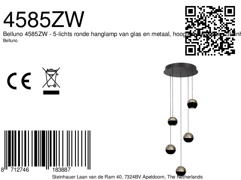 5-licht vide hanglamp Belluno led - zwart met glas Steinhauer 8712746183887