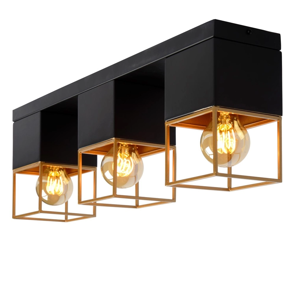 Strakke plafondlamp Rixt 3-lichts zwart met goud Lucide 5411212211064