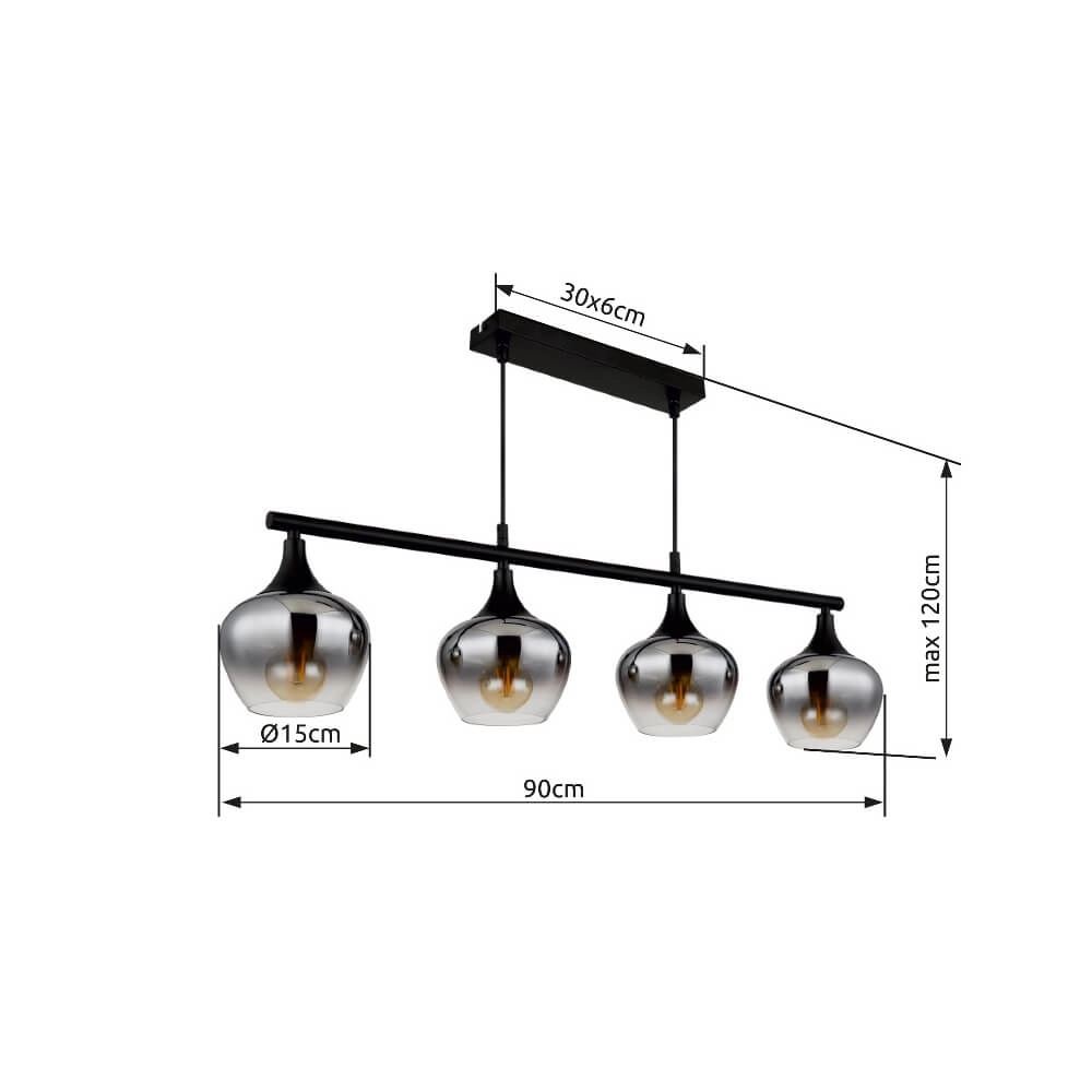4-lichts hanglamp Maxy zwart met smoke glas Globo 9007371471188