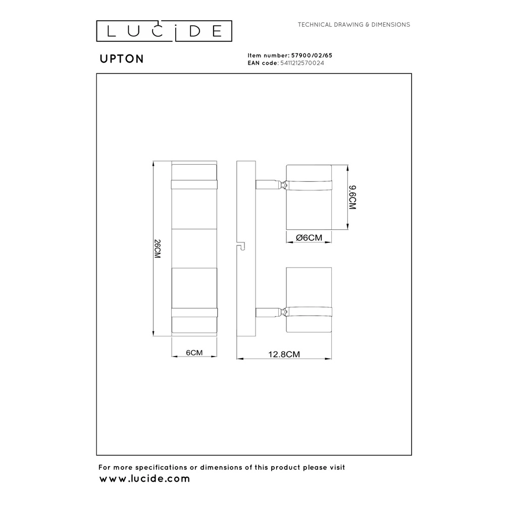 Plafondspot Upton 2-lichts zwart Lucide 5411212570024