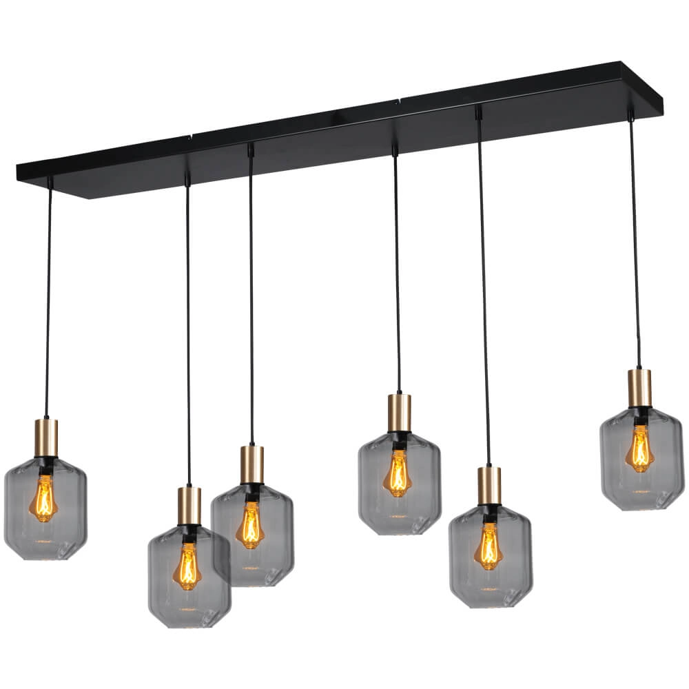 6-lichts hanglamp - goud - Porto met Jagger smoke glazen