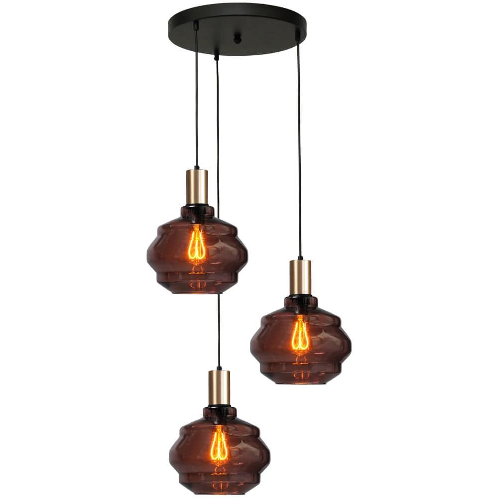 3-lichts vide hanglamp - goud - Porto met Ball red glazen - Ø 24cm