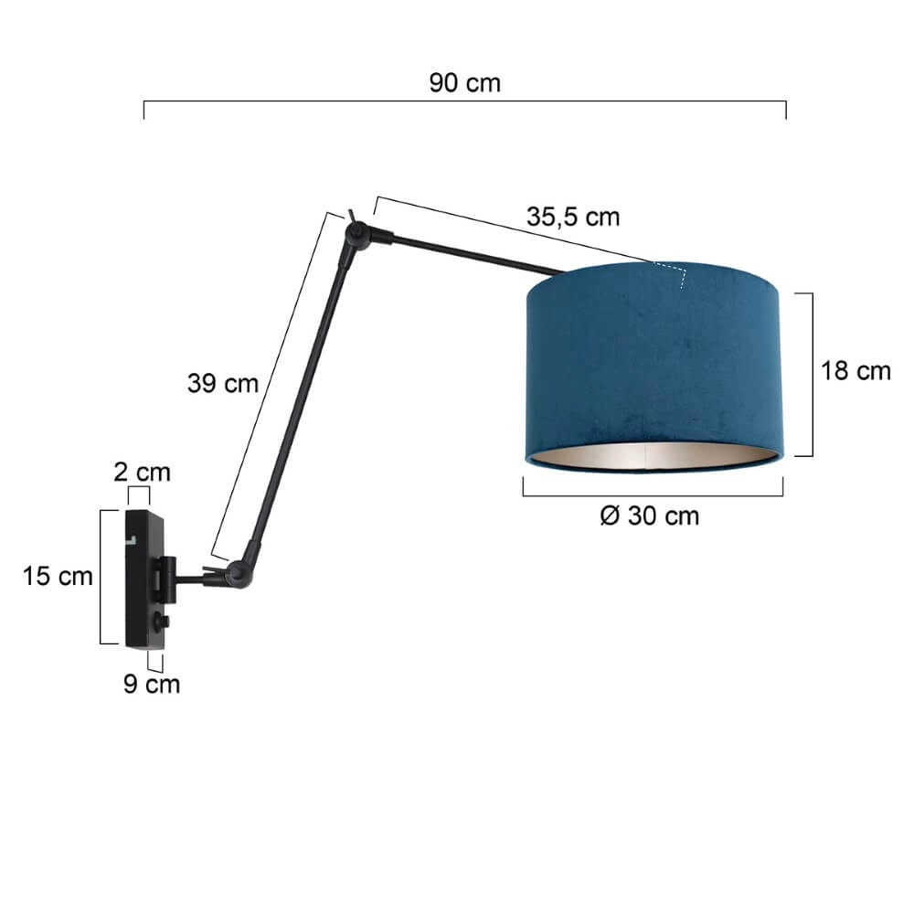 Zwarte wand leeslamp Prestige Chic met blauw velvet Steinhauer 8712746147285