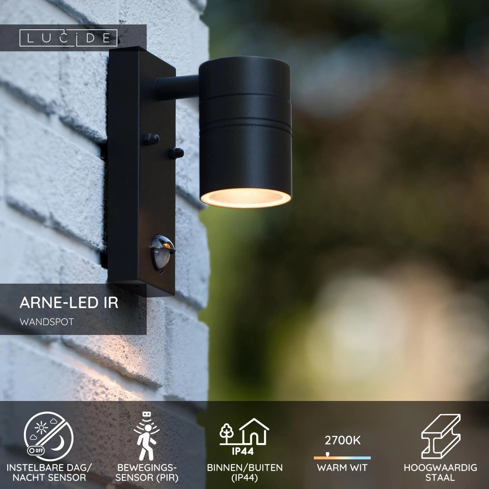 Wandspot Arne-Led Ir down zwart met sensor Lucide 5411212143853