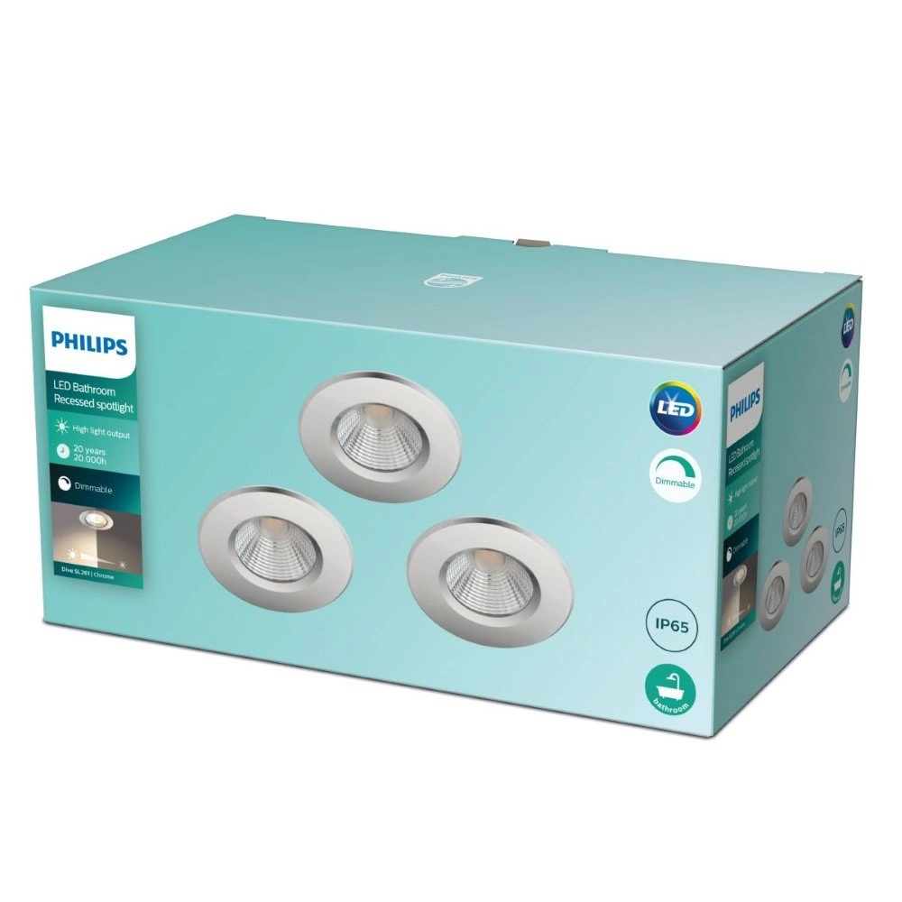 set van 3 inbouwspots Dive 3x6w - 2700K - 8,5cm chroom Philips 8718699789671