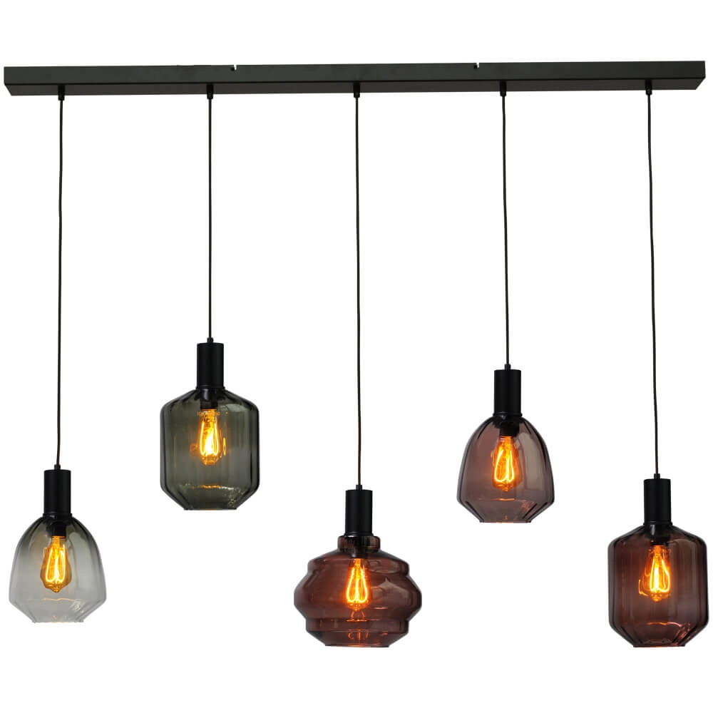 5-lichts hanglamp - zwart - Porto met verschillende glazen 5-lichts hanglamp - zwart - Porto met verschillende glazen