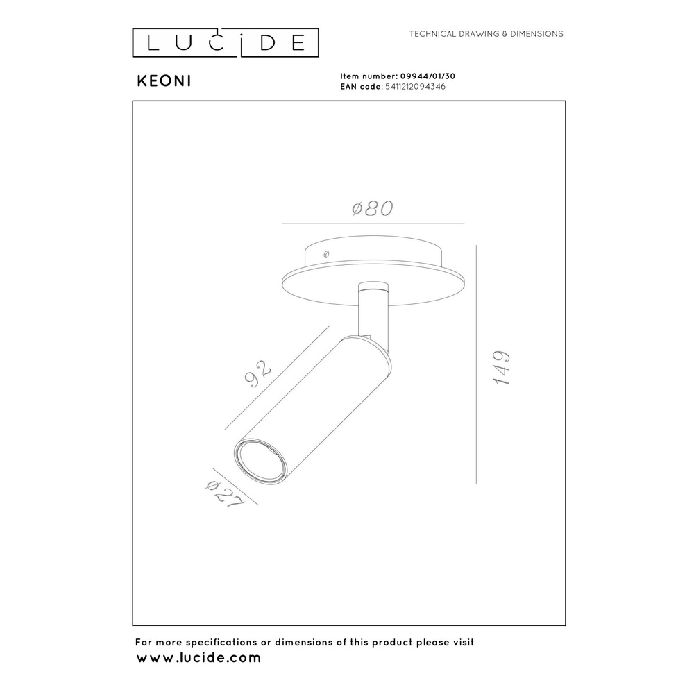 Plafondspot Keoni Ø 8cm zwart Lucide 5411212094346