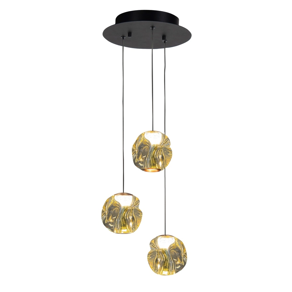 Hanglamp Melina zwart met amber glas 3-lichts
