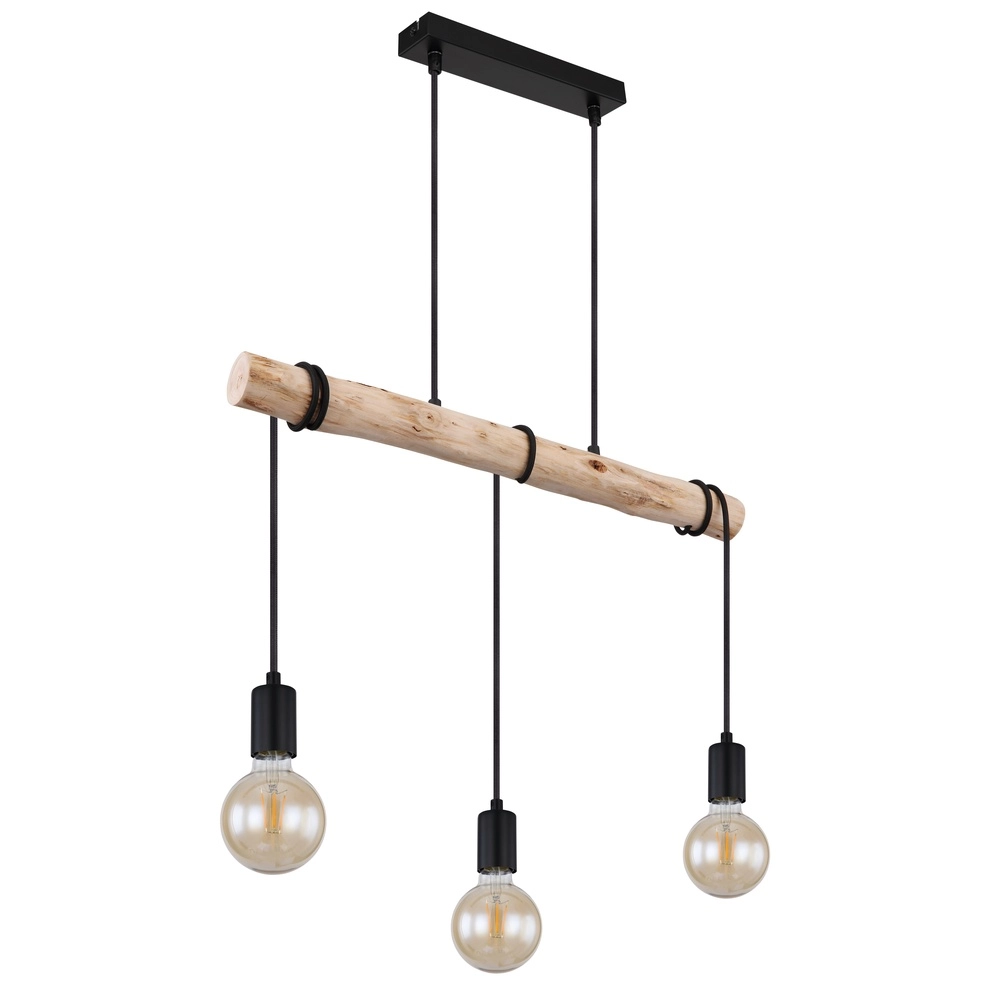3-lichts eettafel hanglamp Gregor zwart met hout Globo 9007371436330