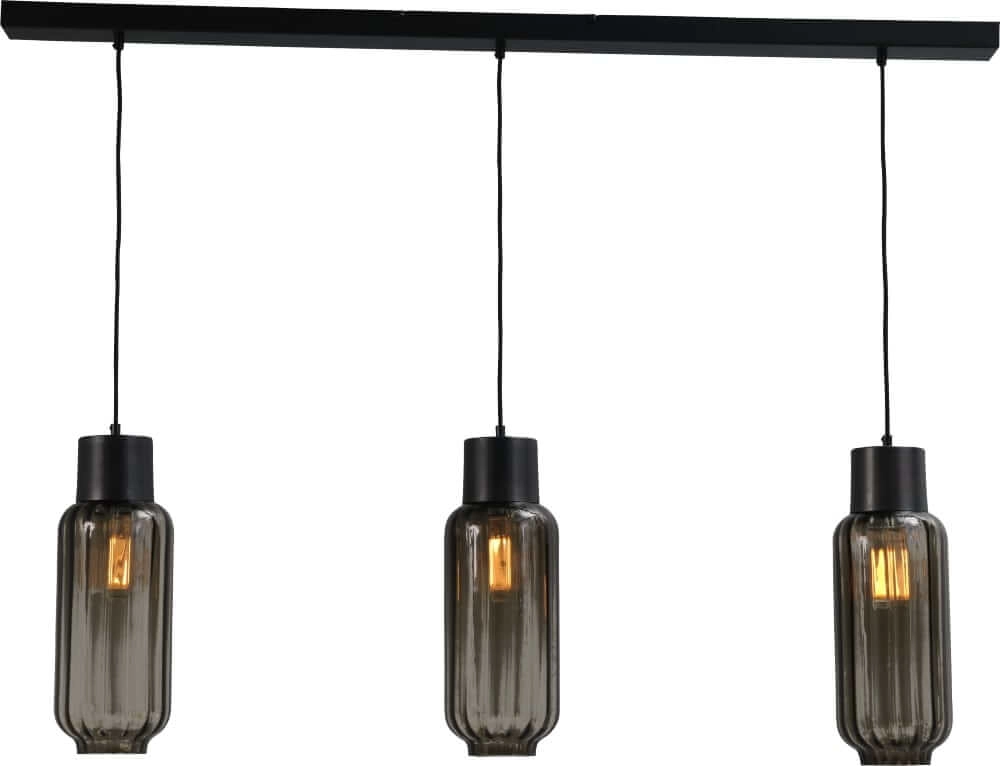 Eetkamerlamp Lett ll 3-lichts zwart met smoke glas Eetkamerlamp Lett ll 3-lichts zwart met smoke glas