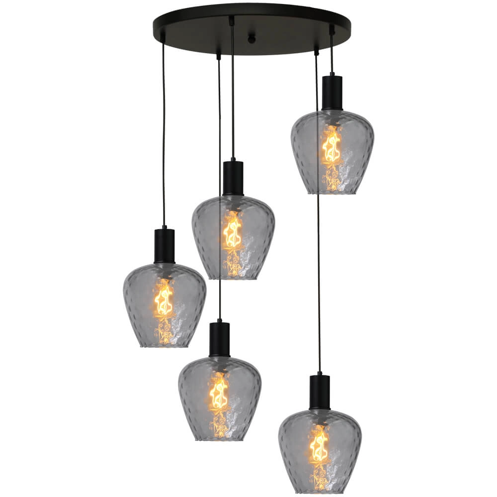 5-lichts vide hanglamp - zwart - Porto met Diamond smoke glazen 5-lichts vide hanglamp - zwart - Porto met Diamond smoke glazen