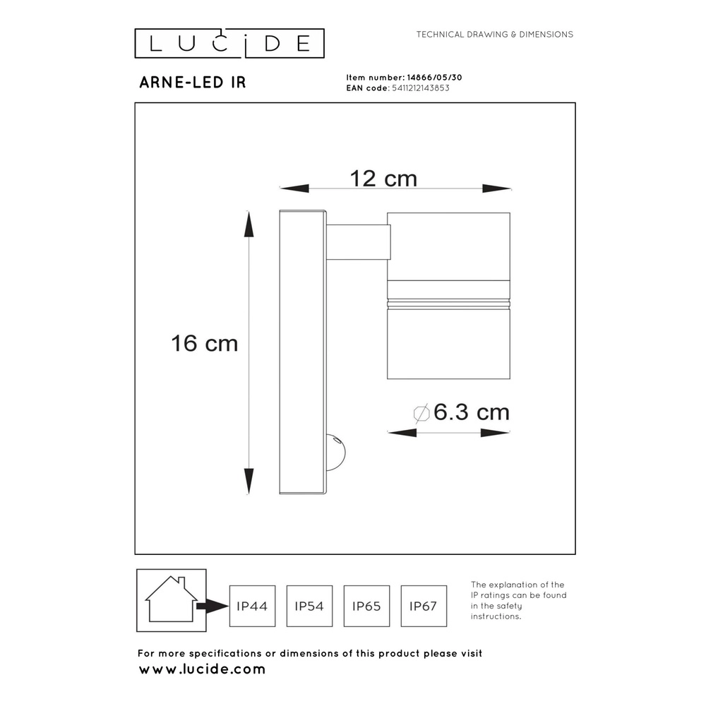 Wandspot Arne-Led Ir down zwart met sensor Lucide 5411212143853