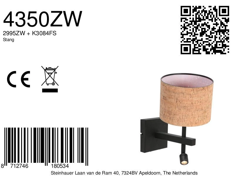 Zwart bedlampje Stang met kurk kapje Ø20cm Steinhauer 8712746180534