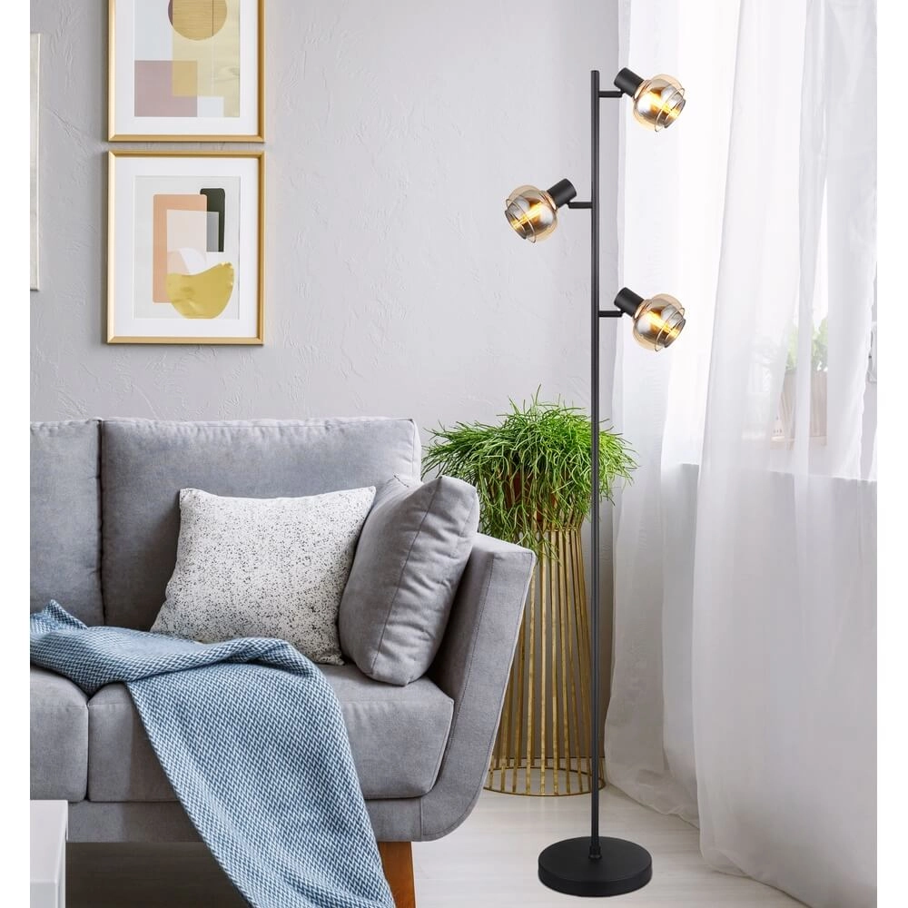 Zwarte vloerlamp Tokki 3-lichts amber smoke glas Globo 9007371449033