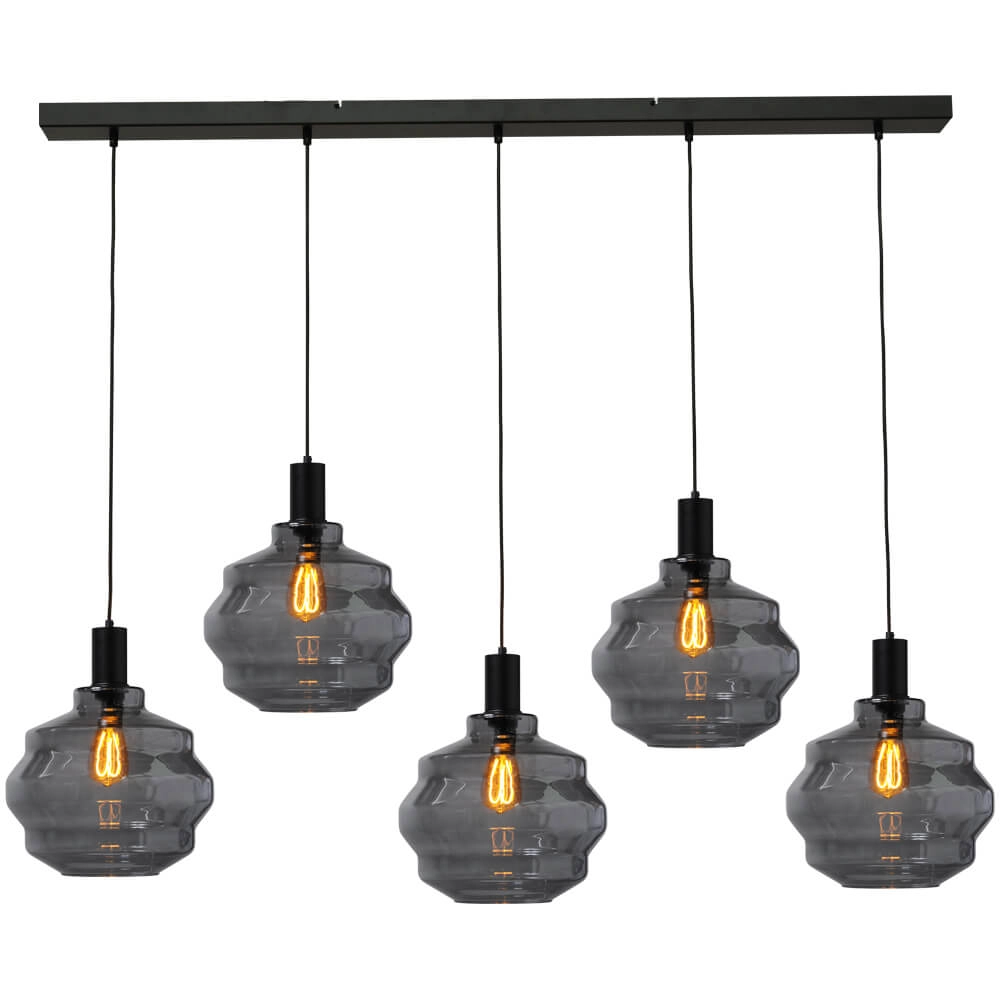 5-lichts hanglamp - zwart - Porto met Ball smoke glazen - Ø 30cm