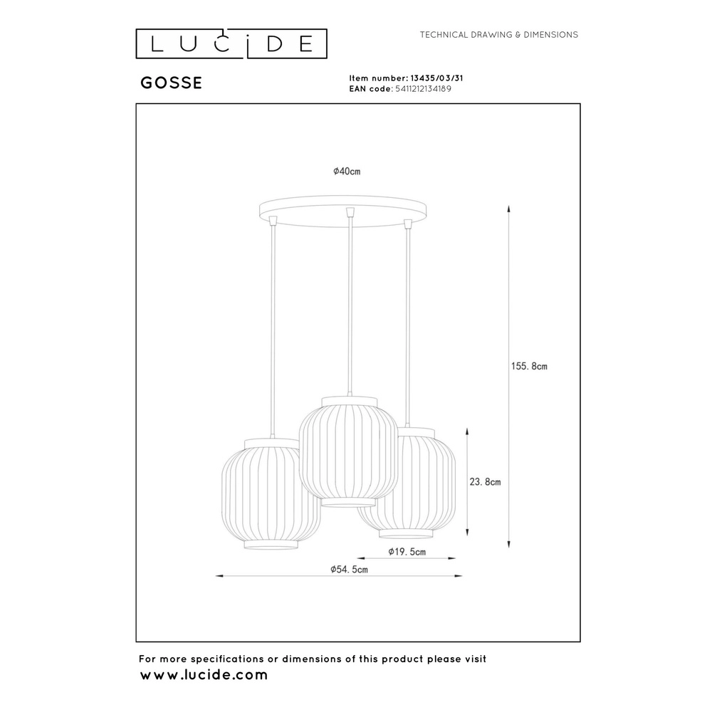 Design hanglamp Gosse 3-lichts goud met wit Lucide 5411212134189
