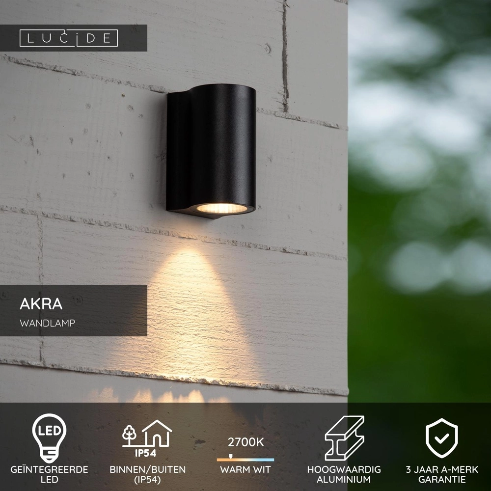 Design wandlamp Akra down zwart IP54 Lucide 5411212334022