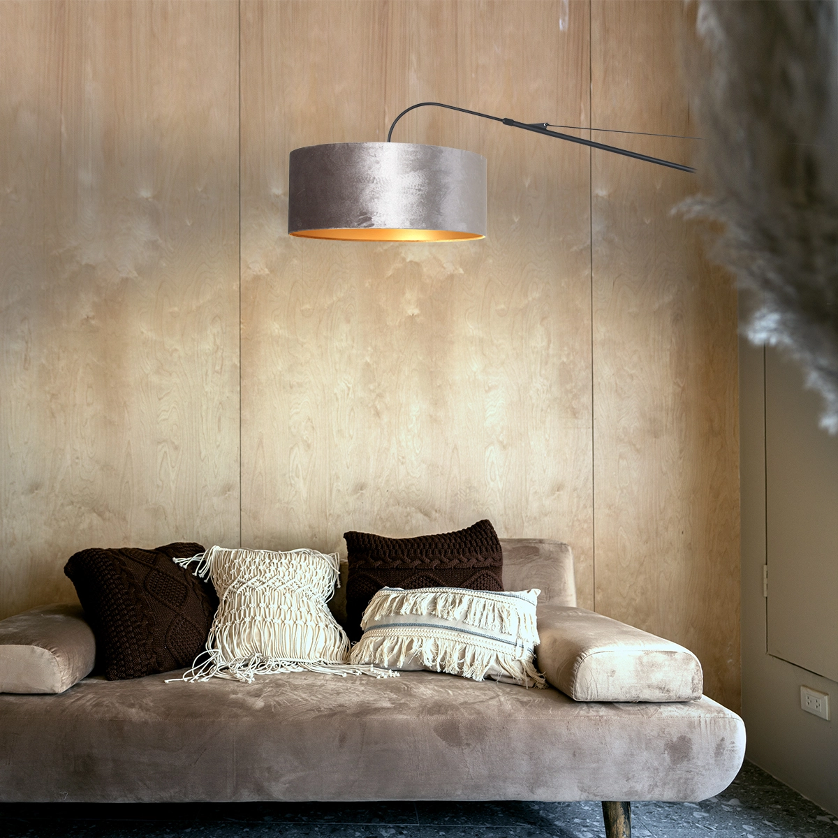 Wandlamp Elegant Classy 50cm zwart met taupe velourse kap Steinhauer 8712746146042