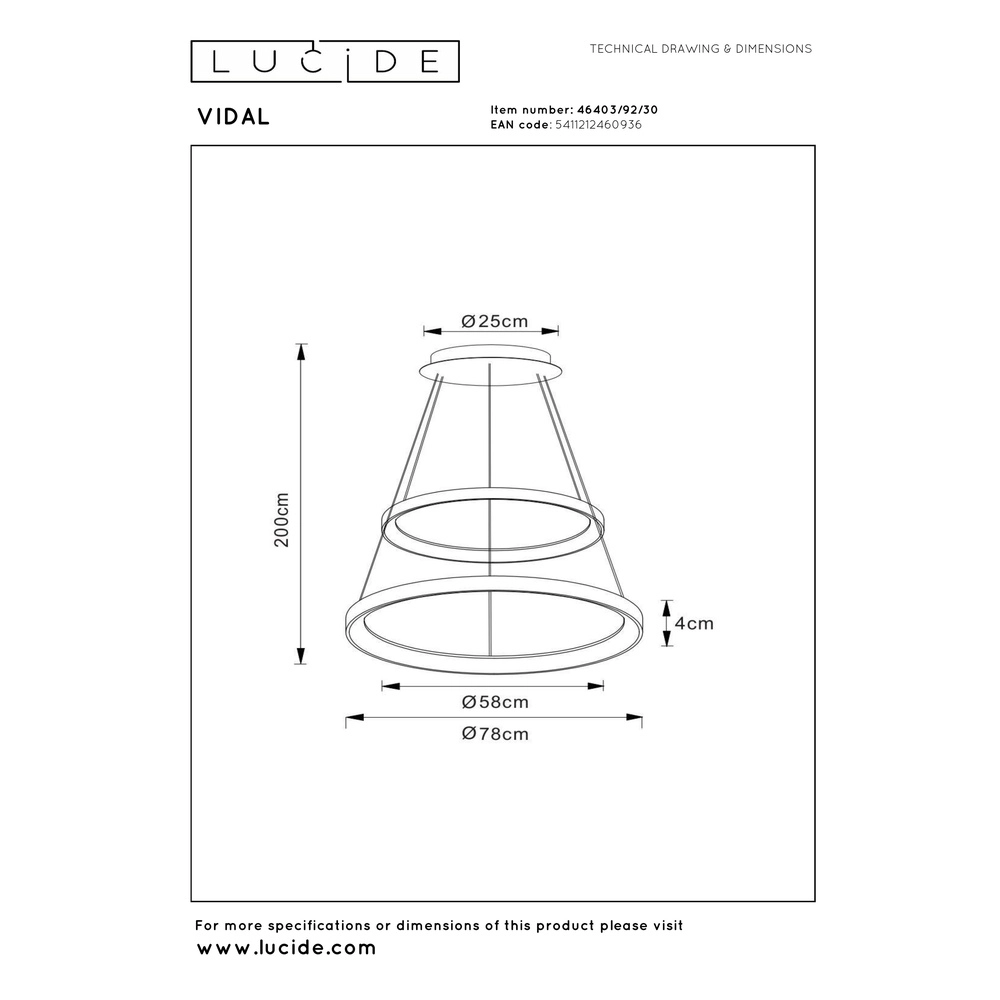 Zwarte hanglamp Vidal Ø 78cm strak design Premium by Lucide 5411212460936