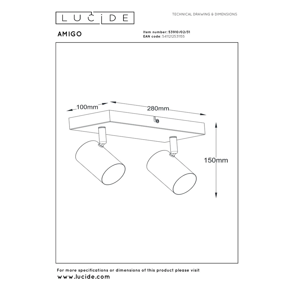 Plafondlamp Amigo 2-lichts wit Lucide 5411212531155