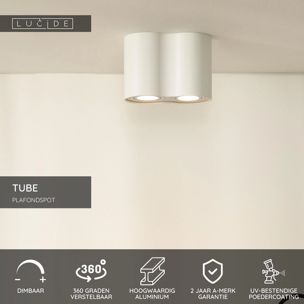 Opbouw plafondspot Tube 2-lichts wit Lucide 5411212220936