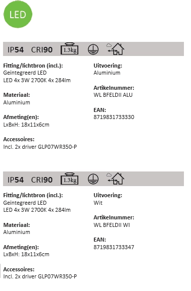 Buitenlamp up down Bfeld 2-lichts - alu Artdelight 8719831733330