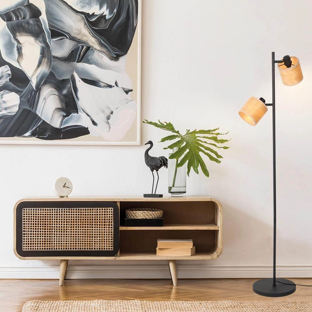 Vloerlamp Bambus zwart met bamboe 2-lichts Steinhauer 8712746171457