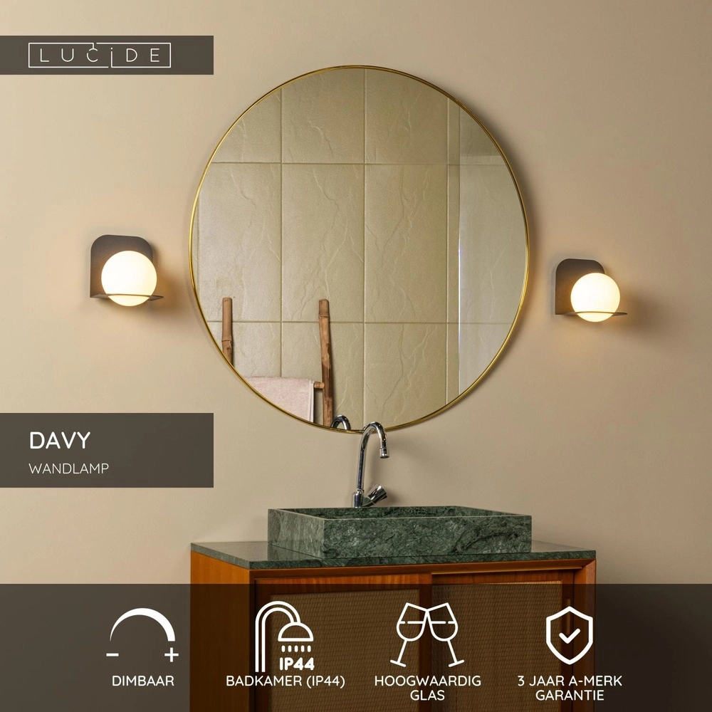Design wandlamp Davy zwart geschikt voor badkamer Lucide 5411212040558