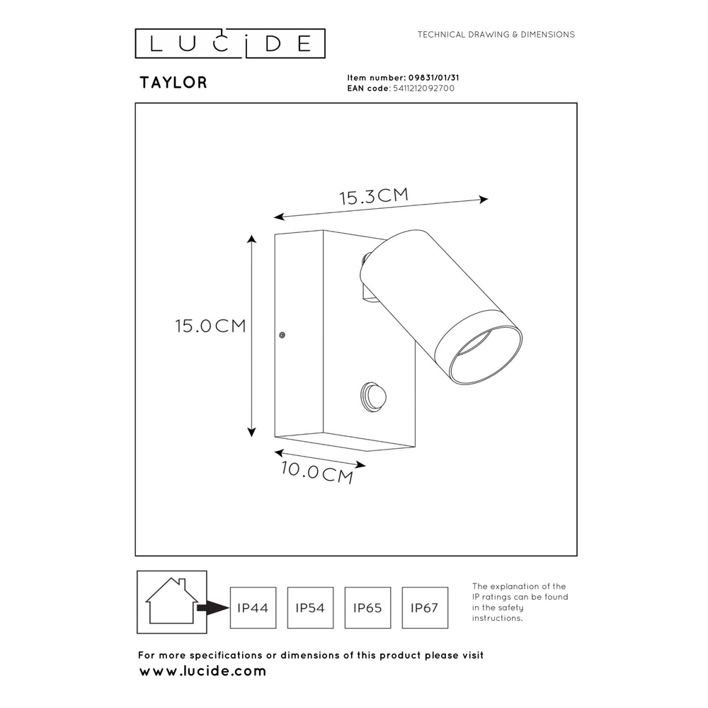 Wandspot Taylor IP54 met sensor wit Lucide 5411212092700