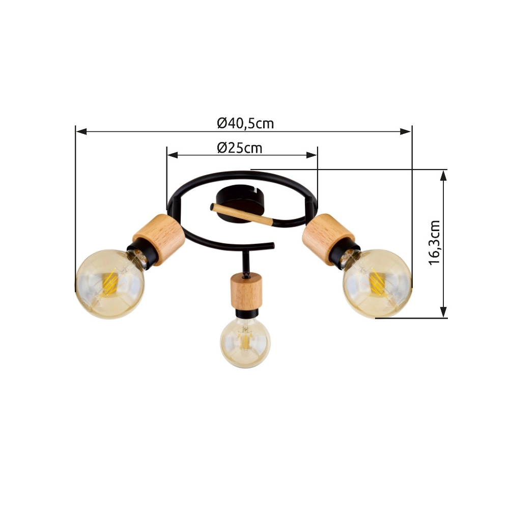 Plafondlamp Jorna 3-lichts zwart met hout Globo 9007371405282
