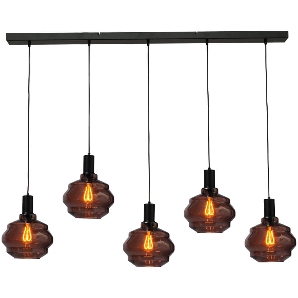 5-lichts hanglamp - zwart - Porto met Ball red glazen - Ø 24cm