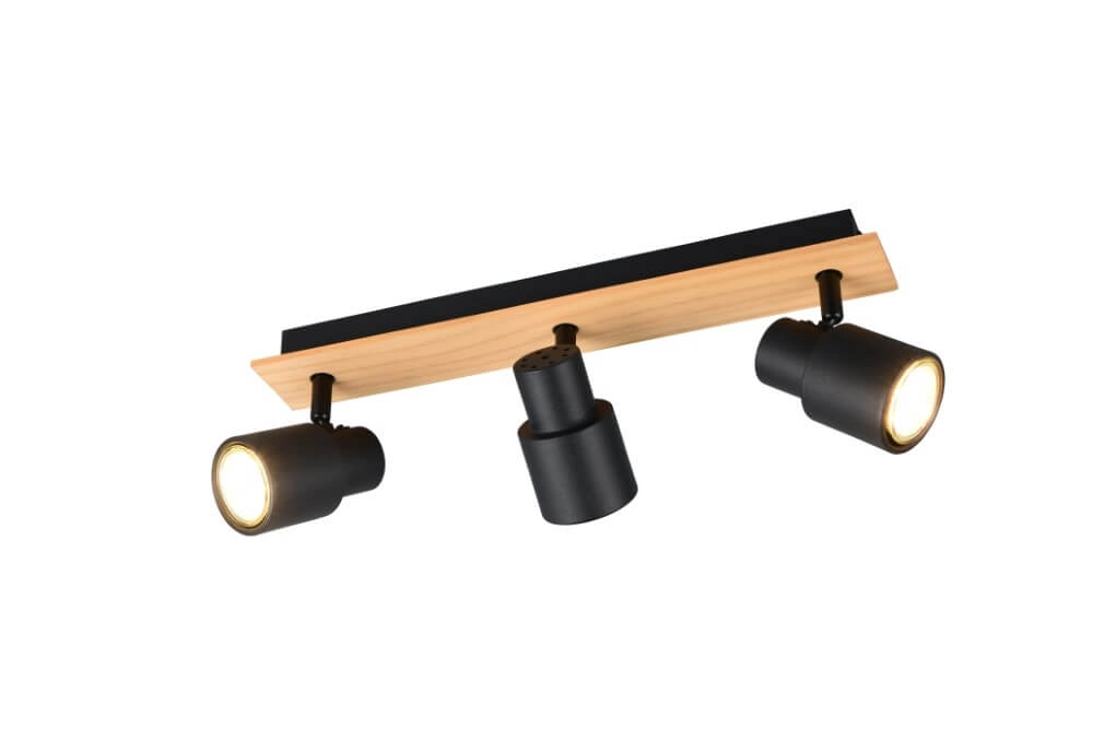 3-lichts plafondlamp Pierre zwart met hout