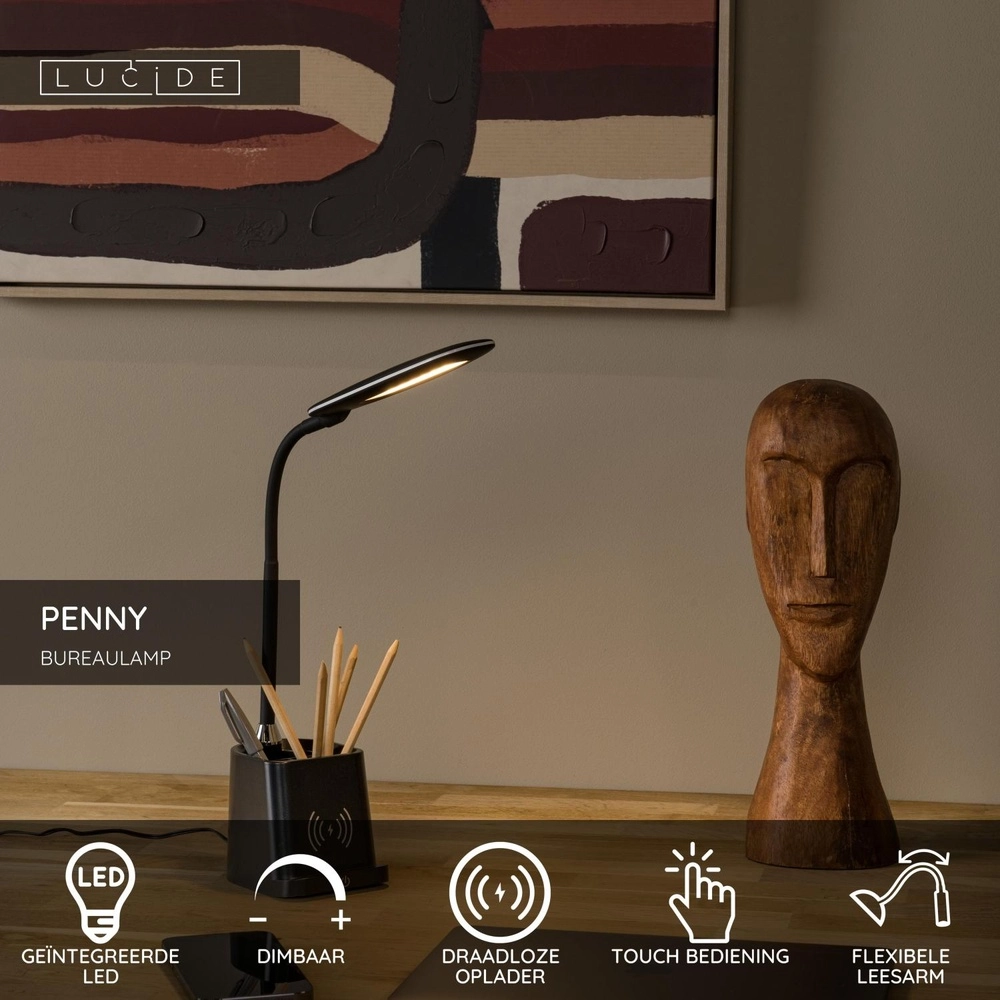Bureaulamp Penny met draadloos oplaadpaneel zwart Lucide 5411212185914