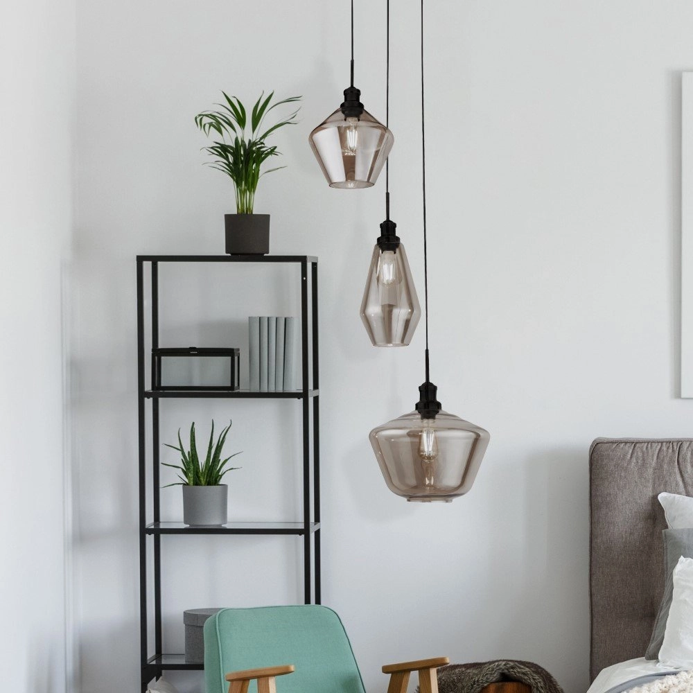 Vide hanglamp Mia 3-lichts zwart met smoke glas Searchlight 5053423158686