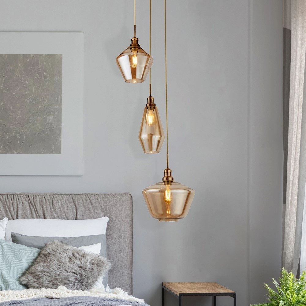 Vide hanglamp Mia 3-lichts koperbrons met amber glas Searchlight 5053423158679