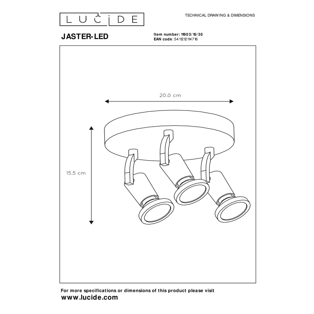 Plafondlamp Jaster-Led 3-lichts zwart Lucide 5411212114716