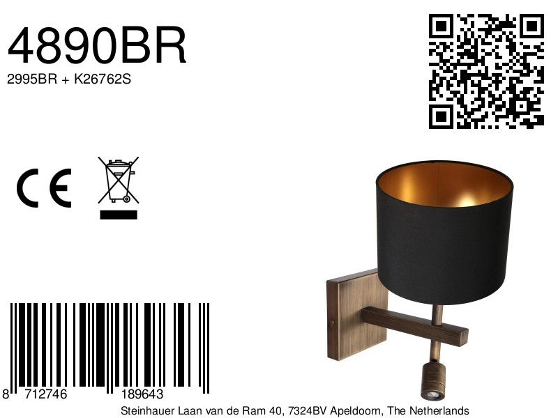 Wandlamp Stang met zwarte kap Steinhauer 8712746189643