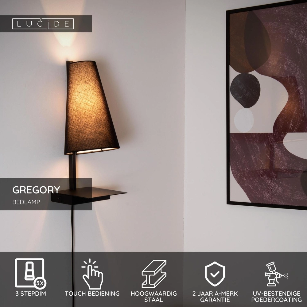 Design bedlampje Gregory zwart met USB oplaadpunt Lucide 5411212303370